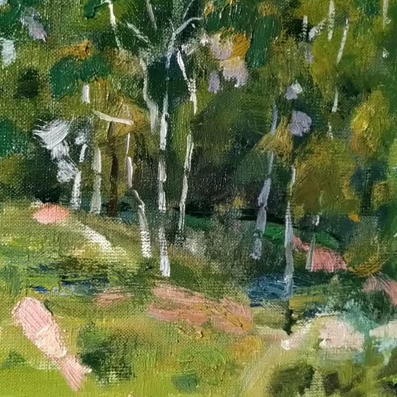 Summer Painting Original Art Realism Landscape Birch Lake Artwork Trees Canvas - 海报/装饰画/版画 - 其他材质 多色