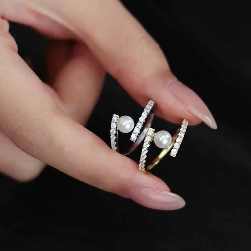 设计感珍珠锆石戒指 - 戒指 - 纯银 金色