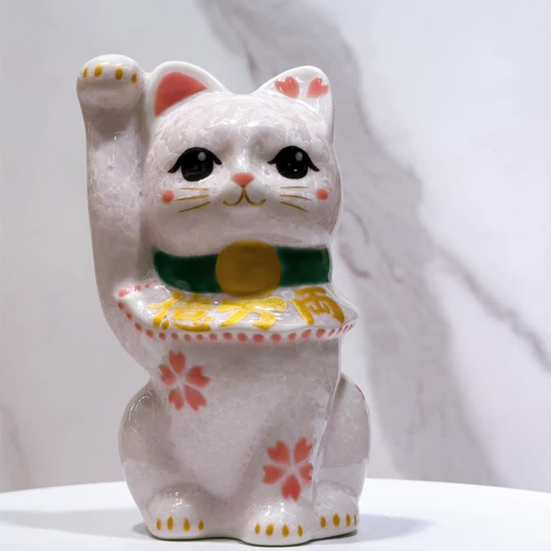 【桃华聚财】日本清水烧招财猫 | 花结晶桃 - 亿万両 - 摆饰 - 瓷 粉红色