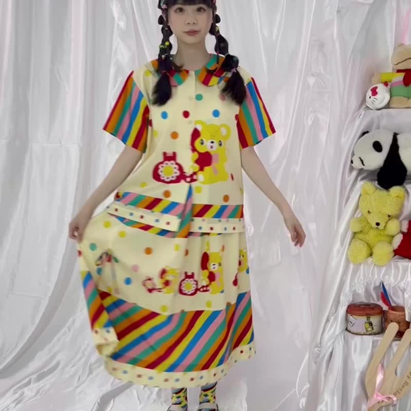 原創印花彩虹日記小熊衬衫洋裝 日系可愛少女分碼大碼訂製 - 女装衬衫 - 棉．麻 多色
