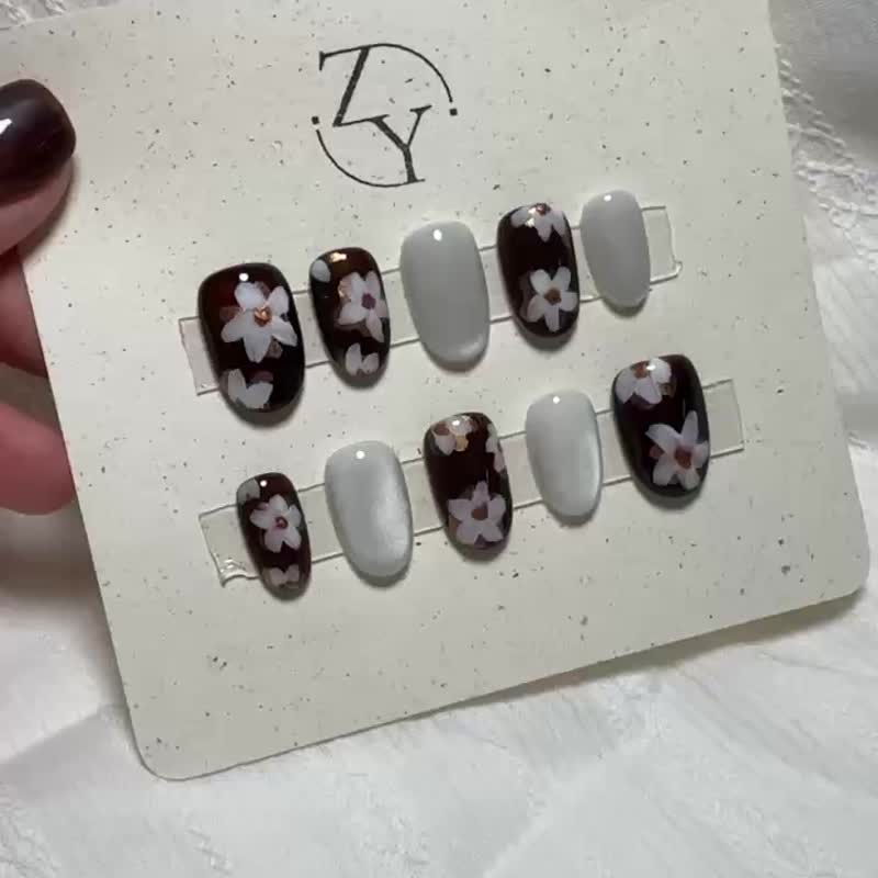 【订制】NO.026 古典花绽 | 手工穿戴甲 - 指甲油/指甲贴 - 其他材质 咖啡色