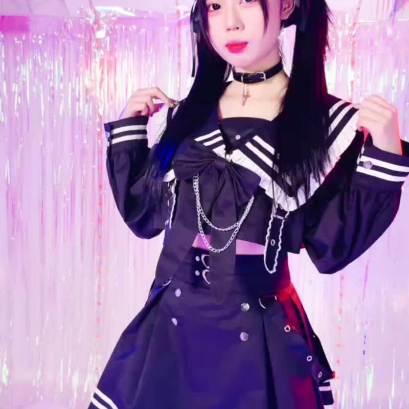 原创地雷系暗夜甜心短版长袖领结水手服 JK 制服高腰短裙套装 JJ2560 - 洋装/连衣裙 - 其他人造纤维 
