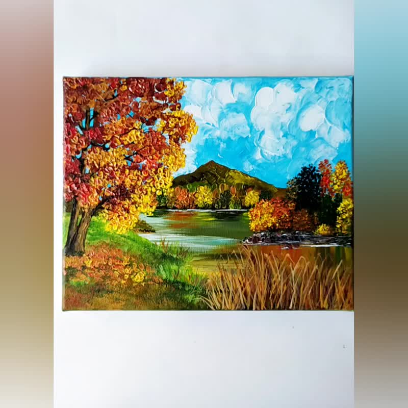 带有秋天风景的丙烯画。画布上的自然绘画。艺术家的作品 - 墙贴/壁贴 - 压克力 多色