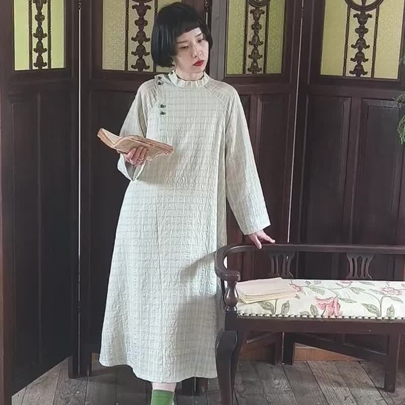 青綠格紋 新中式國風立領暗紋肌理洋裝 改良旗袍連衣裙 - 洋装/连衣裙 - 聚酯纤维 绿色