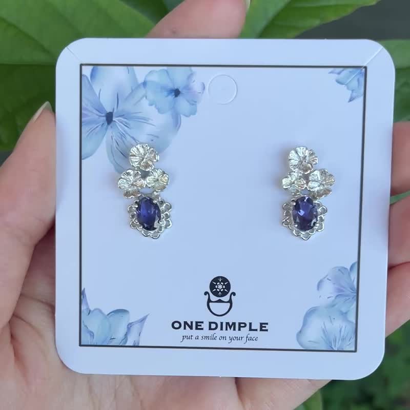 三色堇蕾丝花边堇青石耳环 耳针 925 银 - 耳环/耳夹 - 纯银 