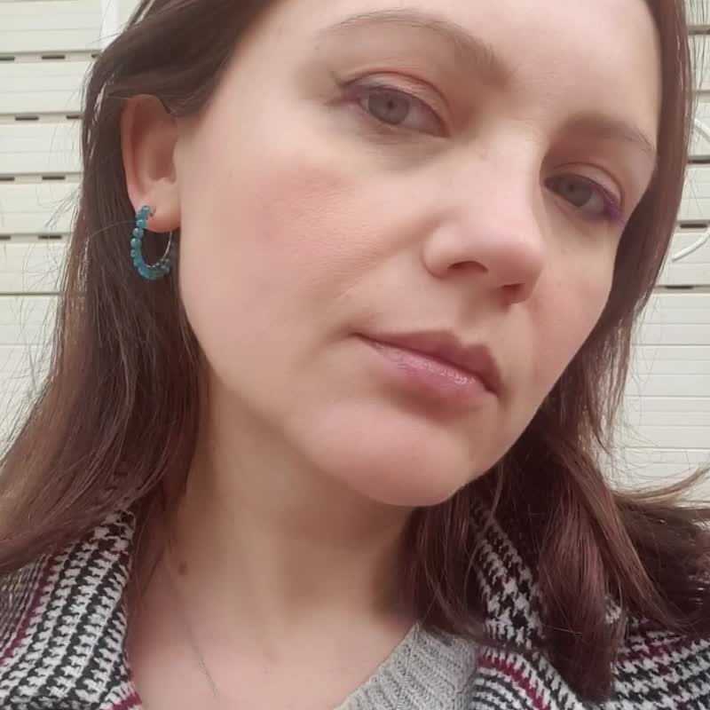 蓝磷灰石圈形耳环，925 纯银，牡羊座水晶，狮子座宝石，母亲节礼物 - 耳环/耳夹 - 宝石 蓝色