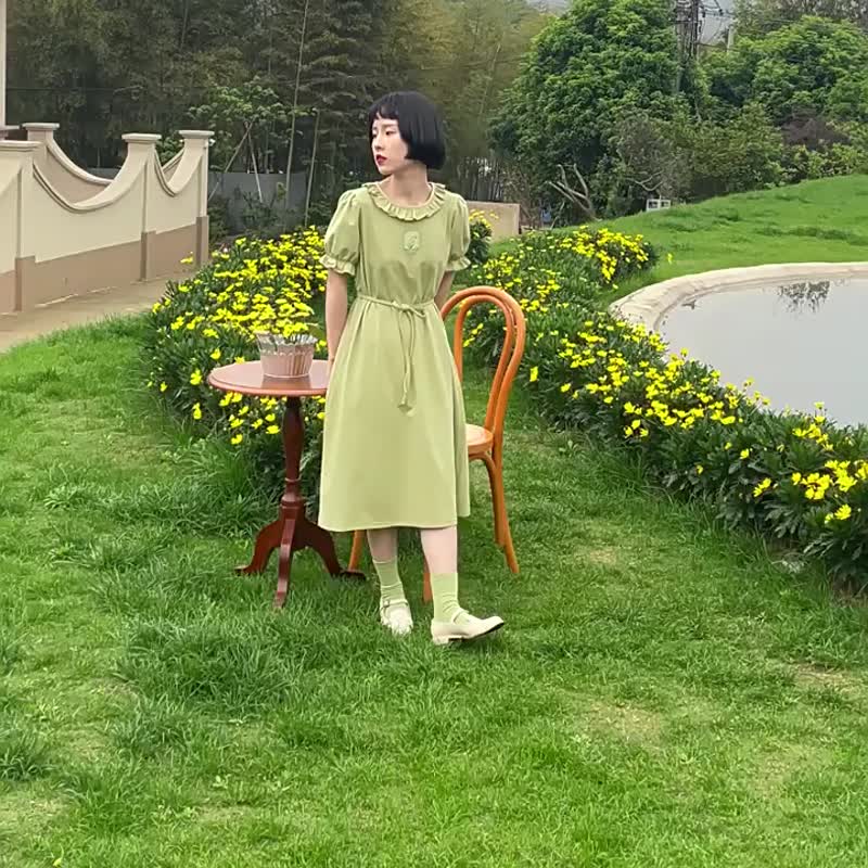 草綠色 日系少女木耳花邊郁金香軟fufu短洋裝 立體浮雕裝飾連身裙 - 洋装/连衣裙 - 棉 绿色