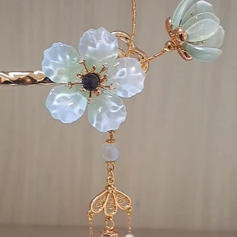 古风琉璃系列~【蓝雪花】造型发簪(含可拆式流苏) - 发饰 - 玻璃 蓝色