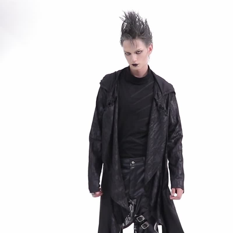 哥德死灵法师做旧连帽长外套 - 男装外套 - 其他材质 黑色
