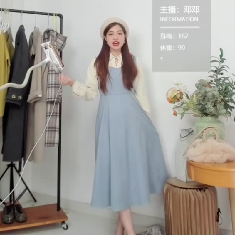 假两件撞色翻领蓝色洋装小个子奶系穿搭气质连衣裙 - 洋装/连衣裙 - 聚酯纤维 蓝色