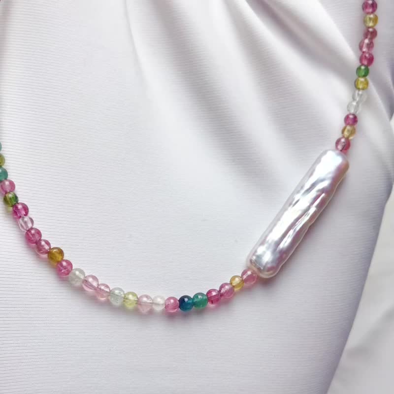纯手工制作纯银天然圆切面糖果碧玺小银条珍珠项链 可调节长短 - 项链 - 宝石 多色