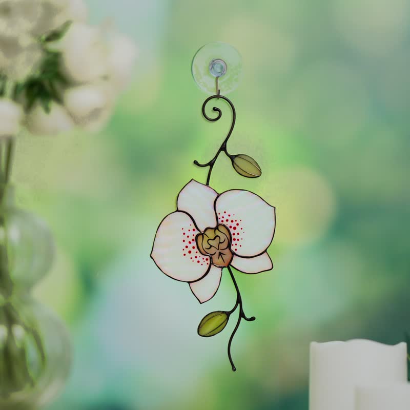 白色兰花彩色玻璃挂饰 Tiffany工艺手工花卉装饰 - 墙贴/壁贴 - 玻璃 白色