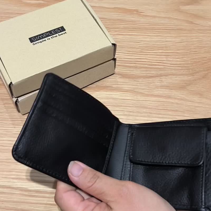 带硬币槽的钱包，黑- W004BK - 皮夹/钱包 - 真皮 黑色