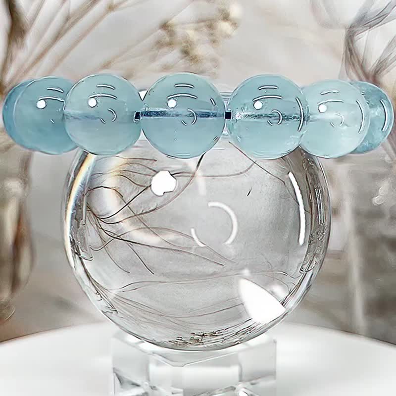 【海之精灵】天然带猫眼大颗粒 玻璃体海蓝宝石 水晶手串 - 手链/手环 - 水晶 蓝色