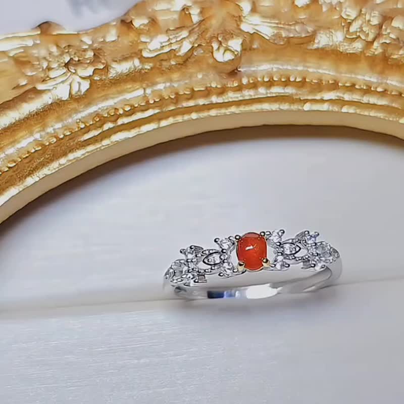 |鸿运•和美|A货翡翠冰玻红翡蛋面3.8mm纯银镀18k蝴蝶结款戒指 - 戒指 - 玉石 