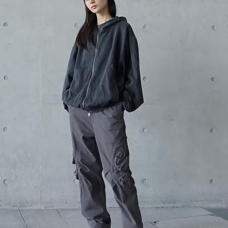 打褶拼接立体口袋水洗工装裤简约直筒休闲长裤子 - 男士长裤 - 其他材质 灰色