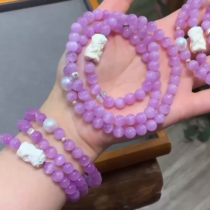 天然高品质猫眼紫锂辉三圈手链项链猛犸象牙扎基拉姆 缓压旺人缘 - 手链/手环 - 玉石 