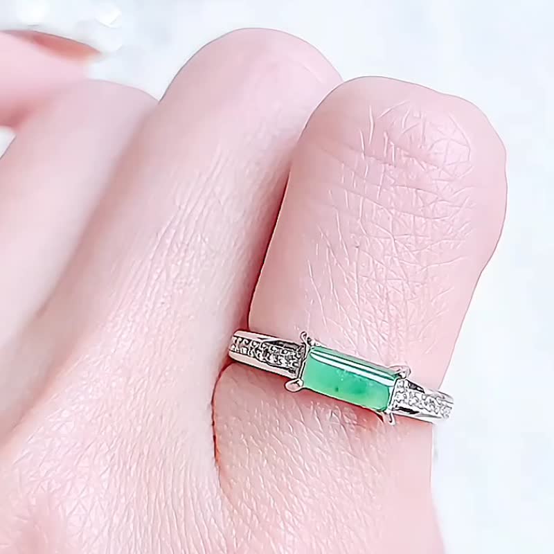 |有钱|缅甸A货翡翠冰绿飘花灯管7.3mm纯银中性戒指 - 戒指 - 玉石 