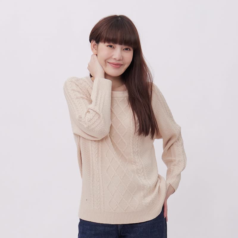 Argyle菱形紋圓領長袖針織衫/奶茶 - 女装针织衫/毛衣 - 其他材质 卡其色