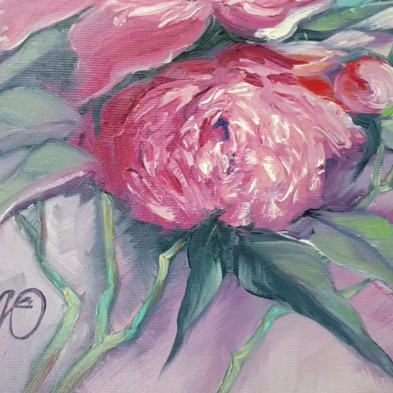 Peony Painting Floral Original Art Bouquet Artwork Flowers Canvas Oil Painting - 海报/装饰画/版画 - 棉 多色