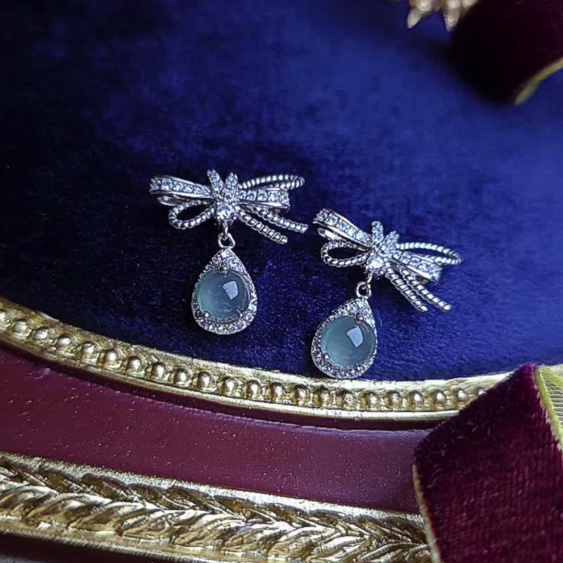 财水|在逃公主仙气梦幻冰玻淡蓝蛋|A货翡翠纯银蝴蝶结耳环 - 耳环/耳夹 - 玉石 多色