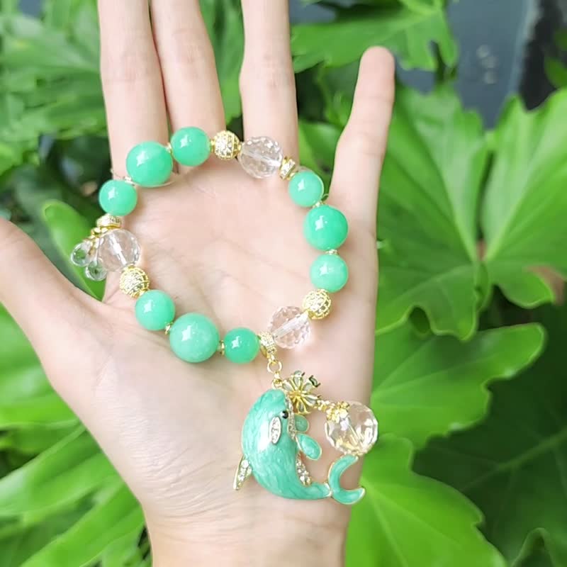 顶级天河石 石青绿 白水晶 珐琅海豚戏球 幸运 智慧 手链 礼物 - 手链/手环 - 宝石 绿色
