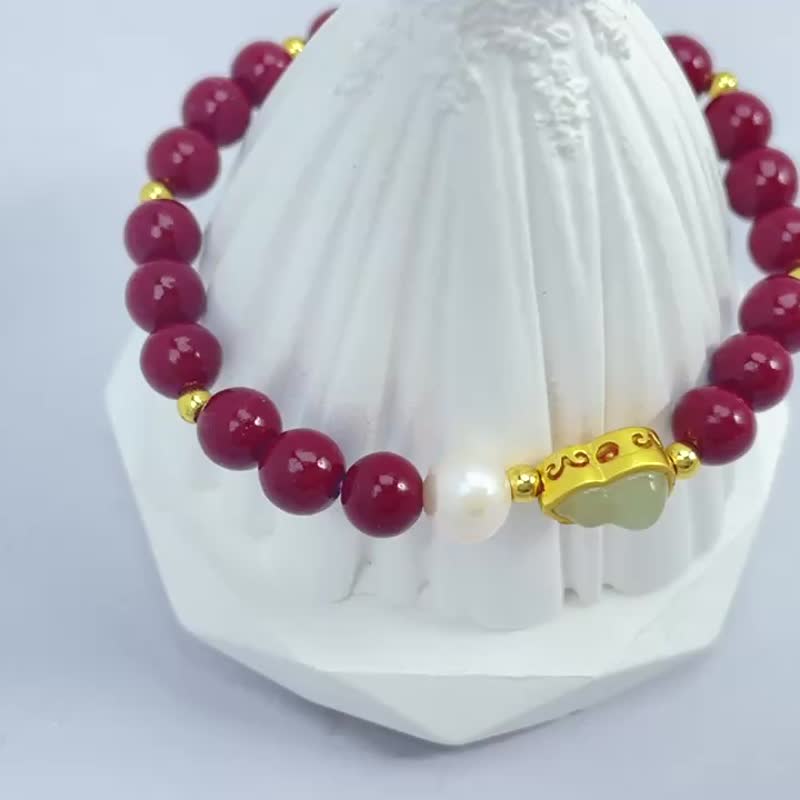 福禄 葫芦 天然淡水珍珠 朱砂 和田玉 弹力 手链 - 手链/手环 - 珍珠 白色