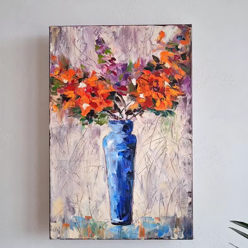 花朵原创油画布面油画抽像画花瓶里的花 - 墙贴/壁贴 - 棉．麻 蓝色