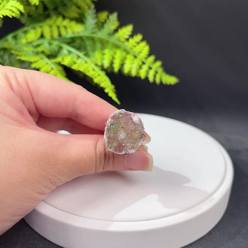 碧玺活口戒指 随形星光闪片粉绿水晶原石标本矿物手工指环 S925银 - 戒指 - 水晶 