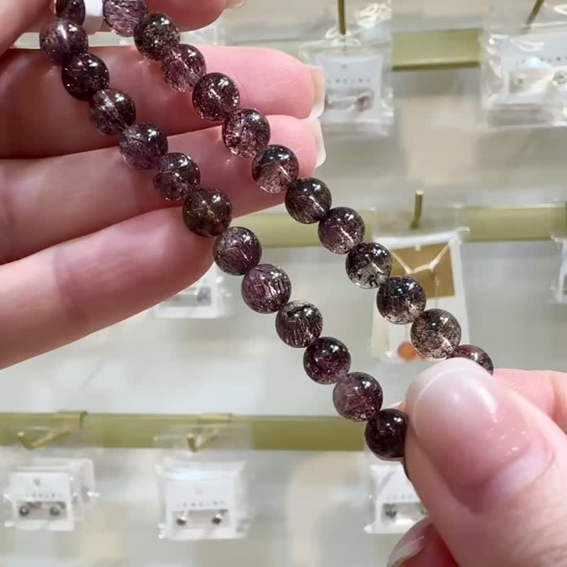 精品天然稀有黑红超七6.4-6.7mm10.75g矿多爆闪黑烟花彼岸花 - 手链/手环 - 水晶 黑色