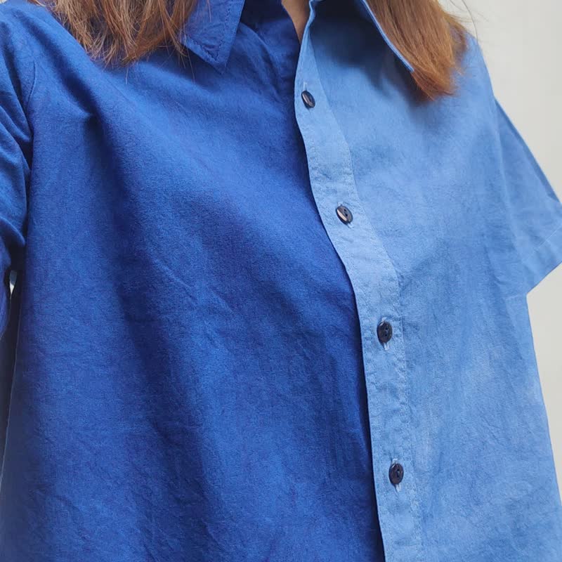 Jinda Shirt E - 简约靛蓝短袖背心 - 女装上衣 - 棉．麻 蓝色