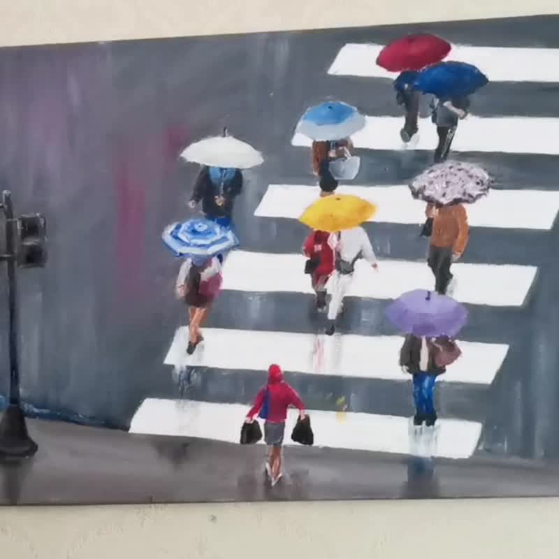 Pedestrians Street Oil Original Art People Shadows Painting Cityscape - 海报/装饰画/版画 - 其他金属 灰色