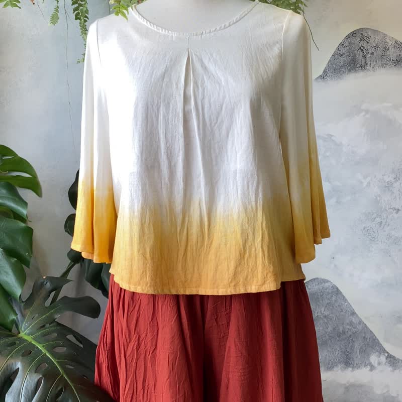 矿物泥染 橘/粉/蓝 纯棉麻圆领7分大水袖 前胸打折设计 双布拼接 - 女装上衣 - 棉．麻 橘色