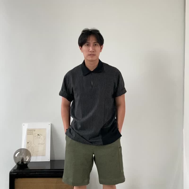 Blue &amp; J Natural Hand Woven Cotton Polo Collar Men's Top - Black - 男装衬衫 - 棉 黑色