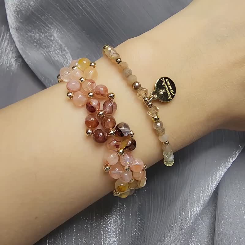 云霞缱绻。 红胶花 黄胶花 白水晶 编织水晶手链 - 手链/手环 - 水晶 红色