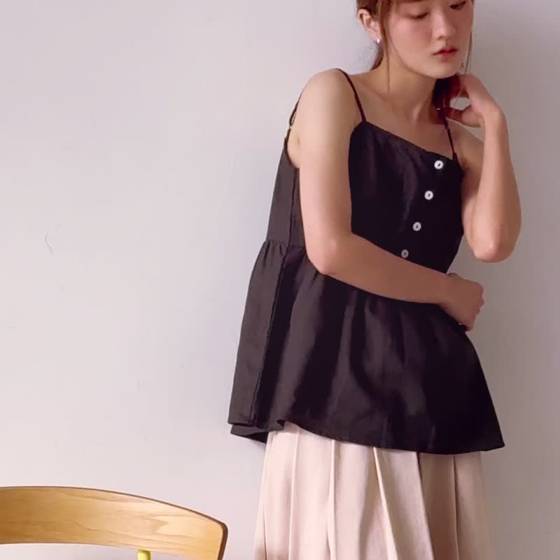 亚麻细肩带上衣 - 黑色 - 女装上衣 - 棉 黑色