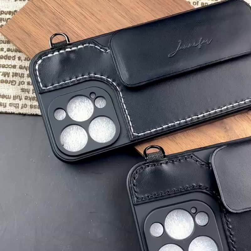 【iPhone苹果16/15/14/13/Pro/mini 手机壳】挂绳手机壳 定制刻字 - 手机壳/手机套 - 真皮 多色