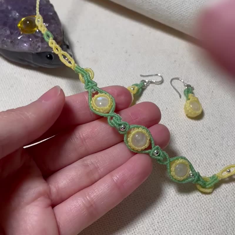 蜡线编织链接项链耳环组.月光石.柠檬配色 - 项链 - 半宝石 黄色