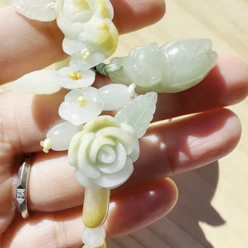 手工編織翡翠手链 — 猫与玫瑰 - 手链/手环 - 玉石 黄色