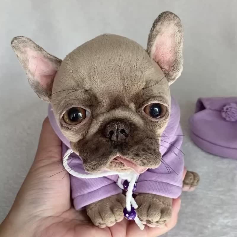 灰色法国斗牛犬逼真的玩具小狗 - 玩偶/公仔 - 聚酯纤维 咖啡色