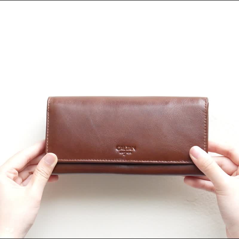 【24hr快速出货】扣式真皮优美长夹-075169 母钱包 长夹 - 皮夹/钱包 - 真皮 咖啡色
