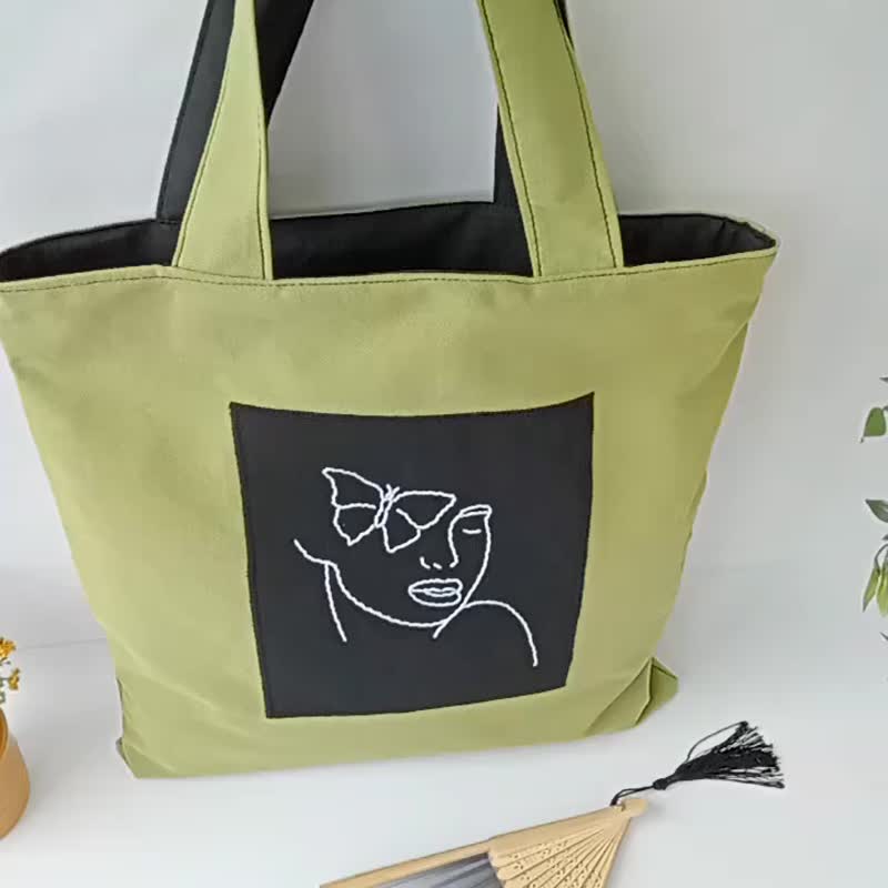 casual denim green exclusive embroidered shopping bag - 手提包/手提袋 - 棉．麻 绿色