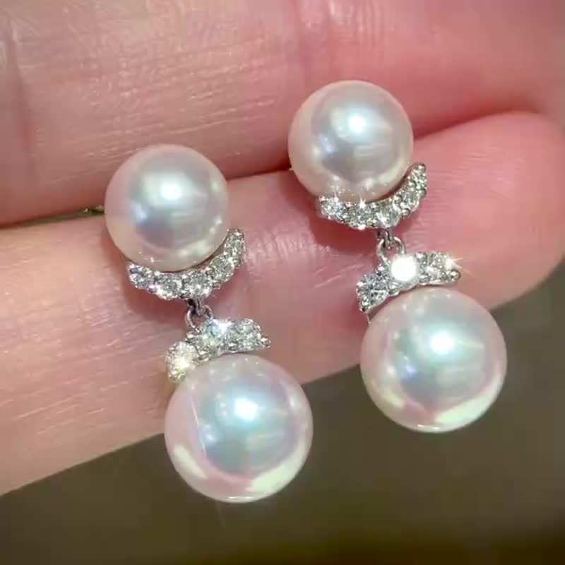 星漾之音钻石akoya天然珍珠海水珍珠双珠18k金耳钉18k金珍珠耳环 - 耳环/耳夹 - 珍珠 银色