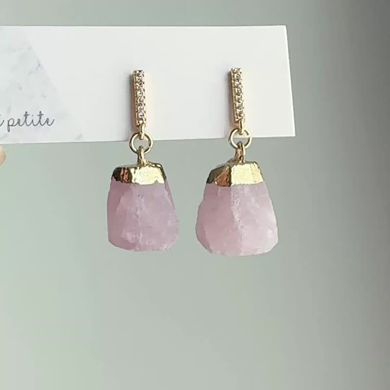 不规则切面矿石 粉晶 天然石 925银镀金锆石耳针 耳环 生日礼物 - 耳环/耳夹 - 半宝石 粉红色