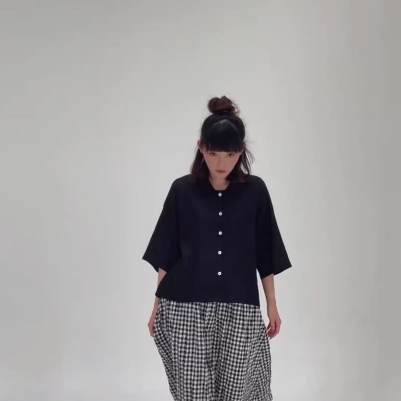 Oversize Peter Pan Collar Shirt - Black - 女装衬衫 - 亚麻 黑色