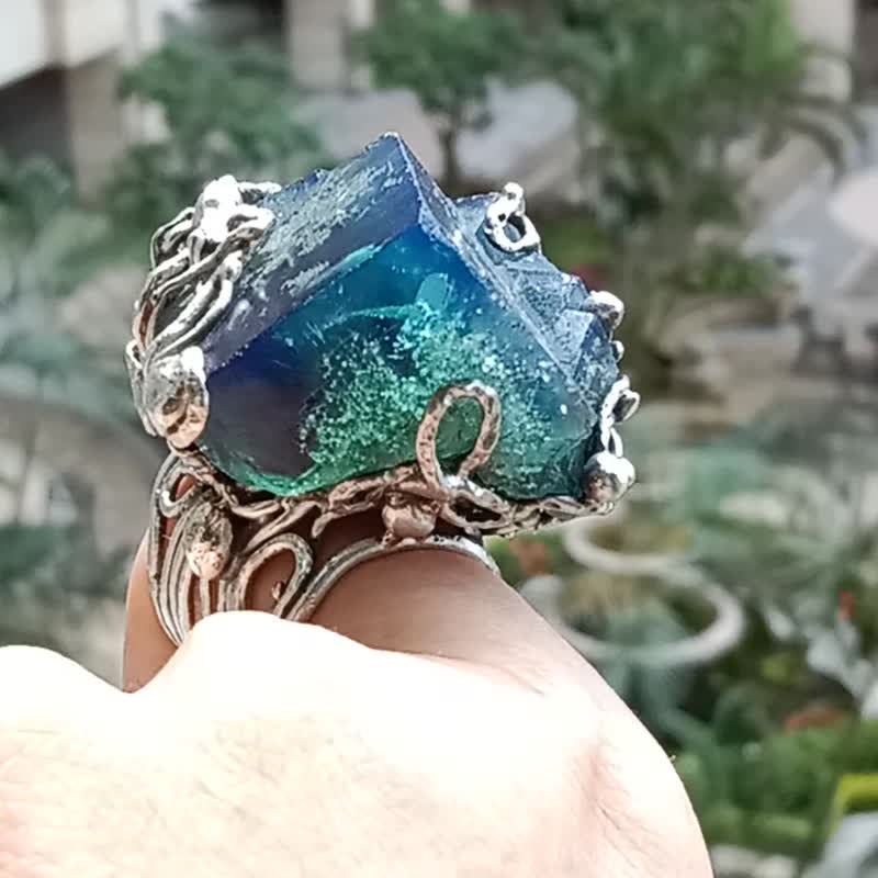 日光萤石原矿手工银戒 纯银戒指~蓝绿之间~ Fluorite Silver Ring - 戒指 - 纯银 