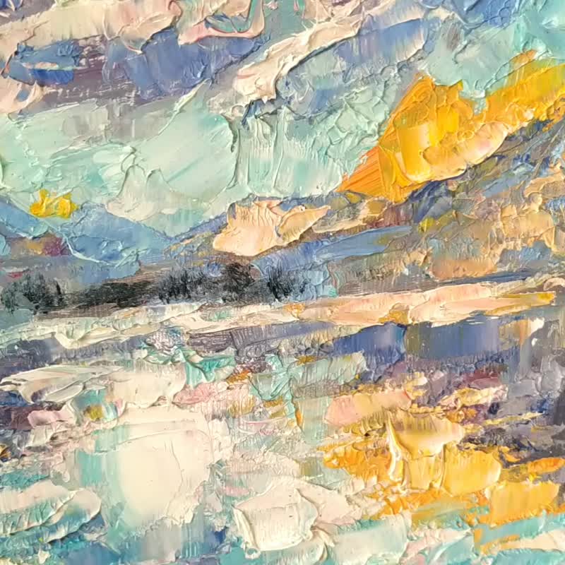 Mountains Painting Landscape Original Art Lake Small Artwork Nature Plein Air - 海报/装饰画/版画 - 木头 多色