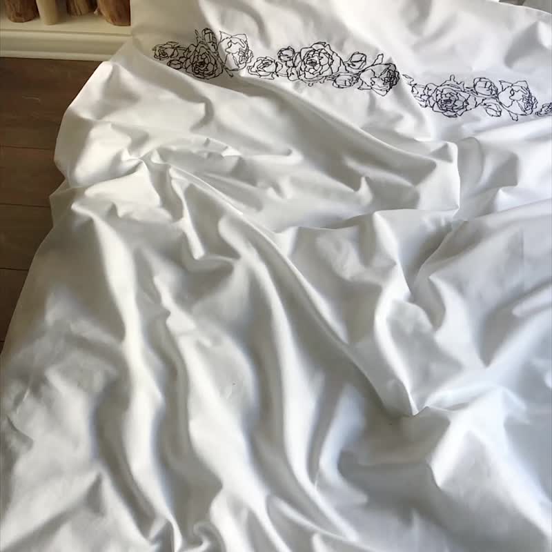 牡丹刺绣纯棉缎织床包被套 - 白色 - OEKO-TEX® 认证 - 寝具 - 棉．麻 白色