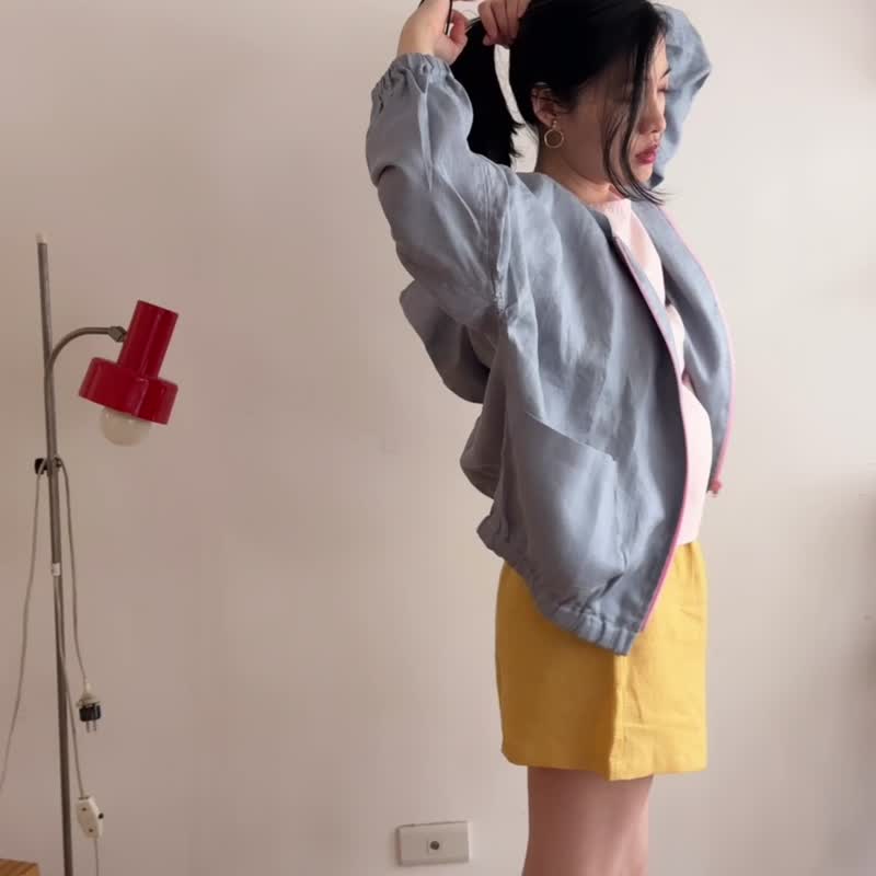 Yinke 新品 心花素面 / 灰蓝印花亚麻口袋宽宽拉链大帽子外套 - 小猫 - 女装休闲/机能外套 - 棉 蓝色