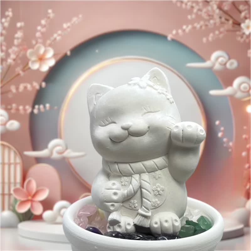 五行水晶扩香之花耳招财猫小盘套组 结合五行水晶与香氛 财运满满 - 香薰/精油/线香 - 水泥 多色